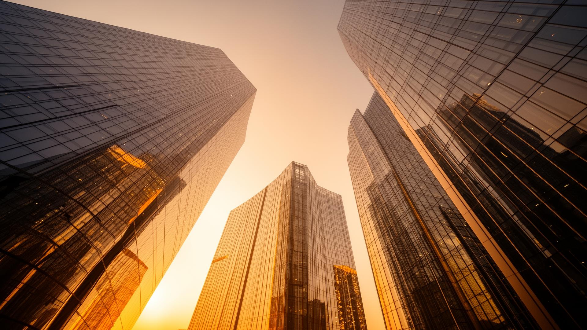 Modern glass towers at golden hour
